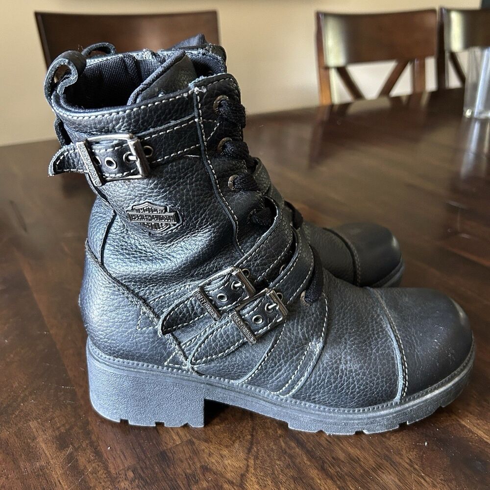 Harley-Davidson Women's Black Leather Lace-Up Combat Moto Boots Buckle US 8.5